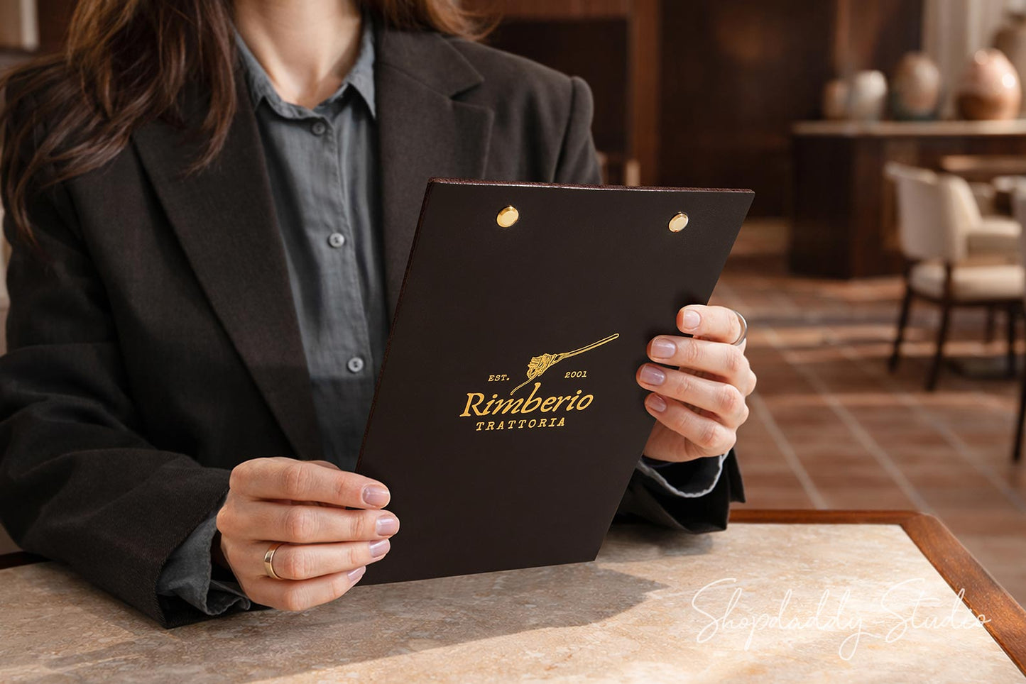 Durable Dark Brown Double Leather Menu Holder with Brass Plank