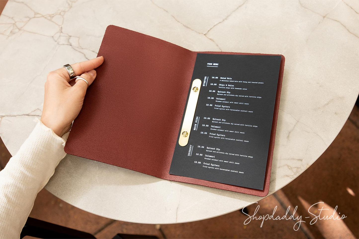 Durable Purple Thick Leather Menu Cover with Brass Plank