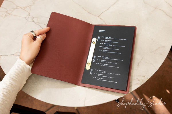 Durable Purple Thick Leather Menu Cover with Brass Plank