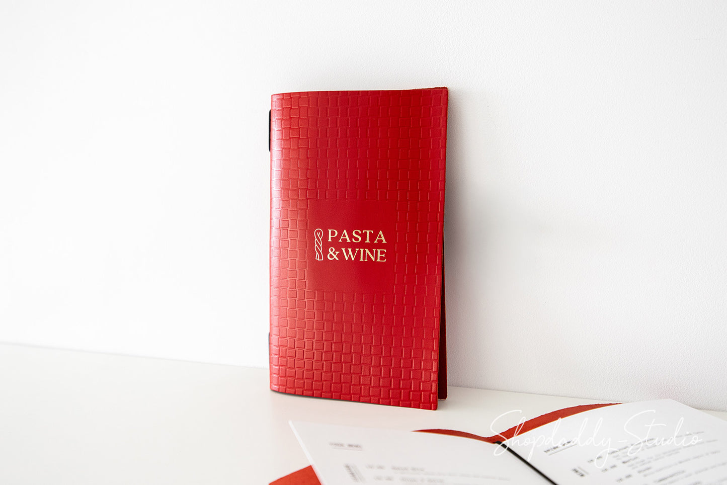 Durable Red Leather Menu Book with Woven Pattern