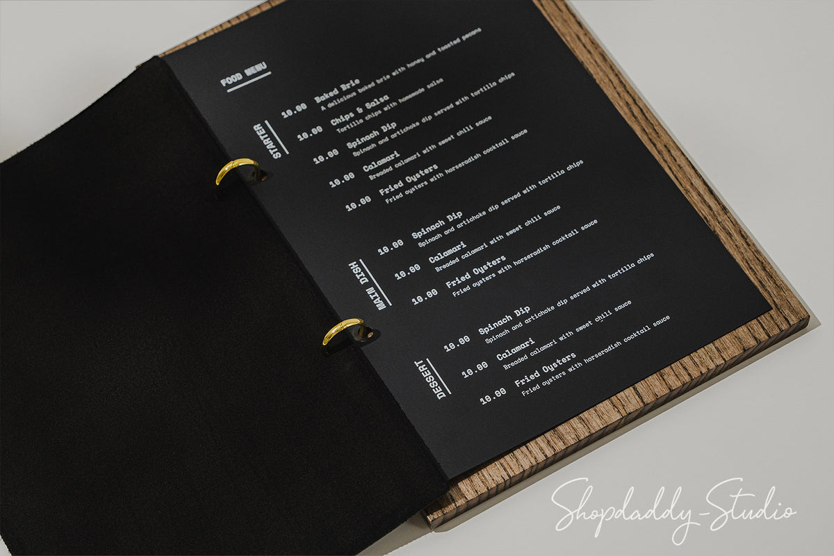 Durable Walnut Menu Holder with Black Leather Cover and Rings Mechanism