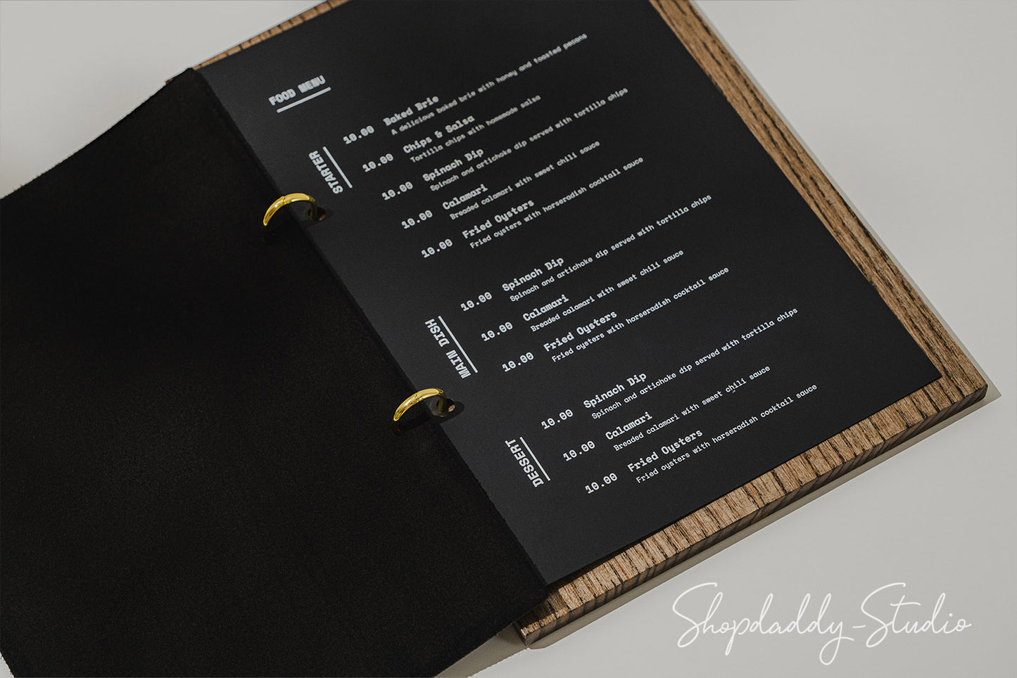 Durable Walnut Menu Holder with Black Leather Cover and Rings Mechanism