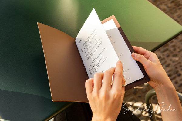 Durable recycled bonded leather menu folder in antique brown for restaurants