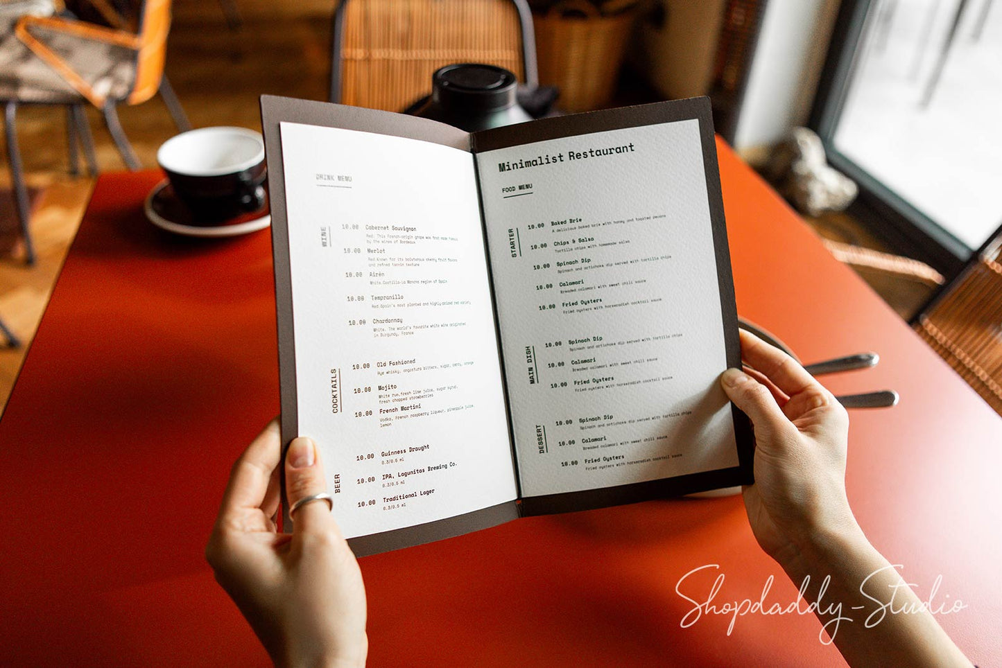 Eco-friendly leather menu cover in antique brown, featuring a durable elastic band.