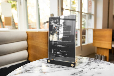 Elegant Acrylic Table Top Menu Holder with Black Ashwood Stand and Brass Screws 