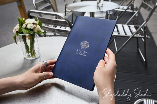 Elegant Antique Blue Recycled Leather Menu Cover with Rings Mechanism