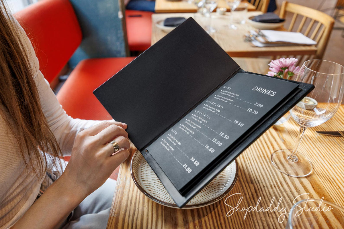 Elegant Black Double Thick Leather Menu Cover with Elastic Band