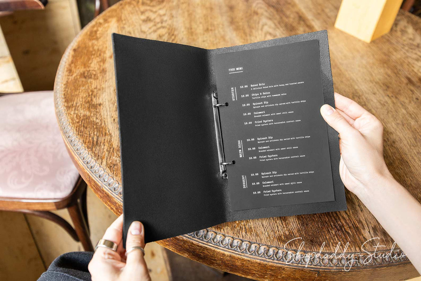 Elegant Black Leather Menu Cover with Rings Mechanism