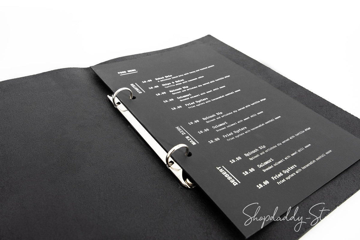 Elegant Black Leather Menu Cover with Rings Mechanism in details