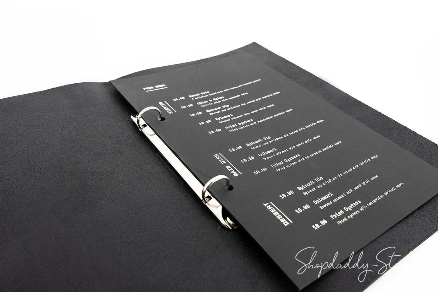 Elegant Black Leather Menu Cover with Rings Mechanism in details