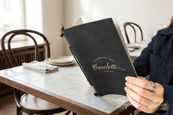 Elegant Black Leather Menu Folder with Leather Lace