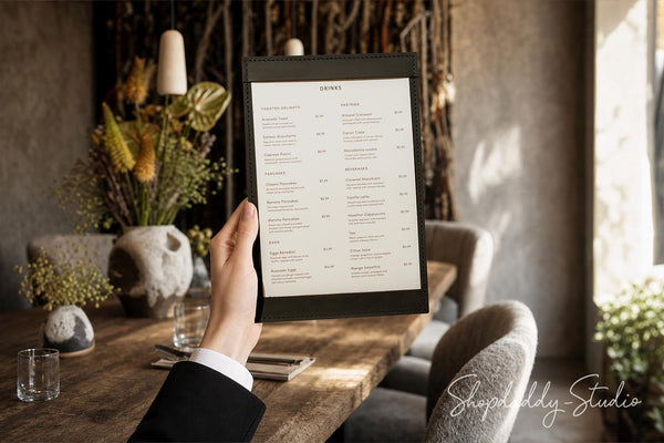 A hand holding a black-framed vertical menu board in a rustic restaurant setting with a wooden table, chairs, and dried flowers in the background.