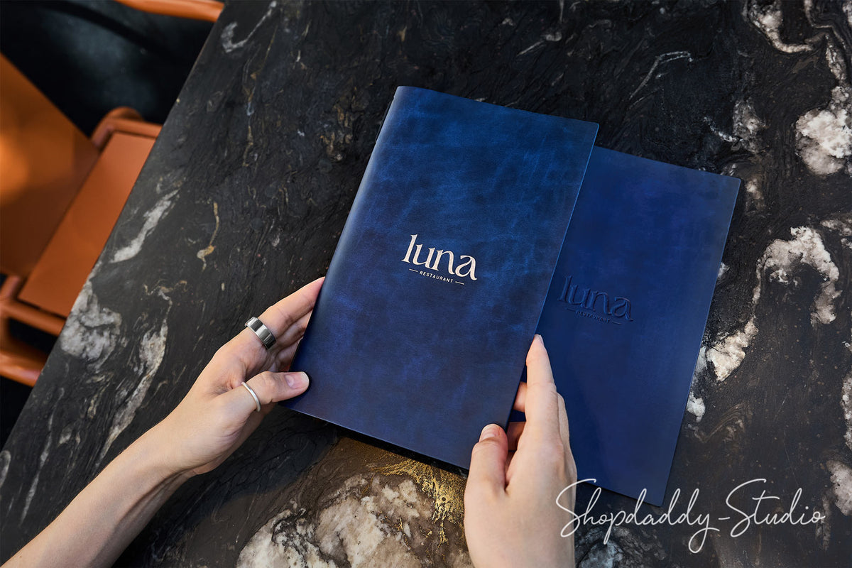 Elegant Blue Recycled Leather Menu Cover with Elastic Band