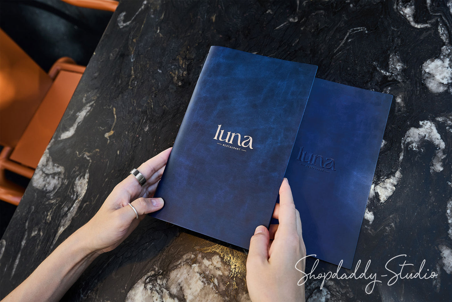 Elegant Blue Recycled Leather Menu Cover with Elastic Band