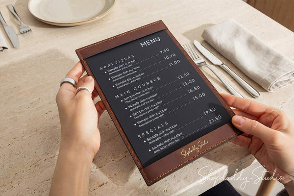 Elegant Brown Leather Menu Holder with Top & Bottom Pockets