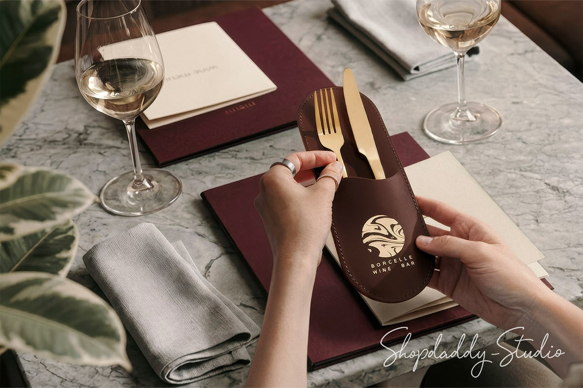 Elegant Brown Leather Rounded Cutlery Holder