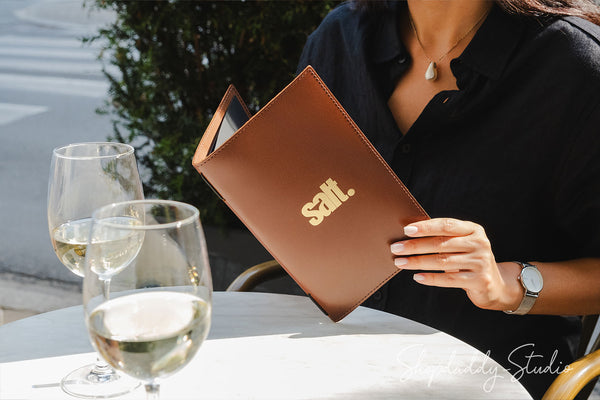 Elegant Brown Menu Cover with Stitching and Elastic Band for restaurant