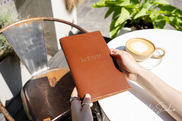 Elegant Brown Thick Leather Menu Cover with Elastic Band Set of 10