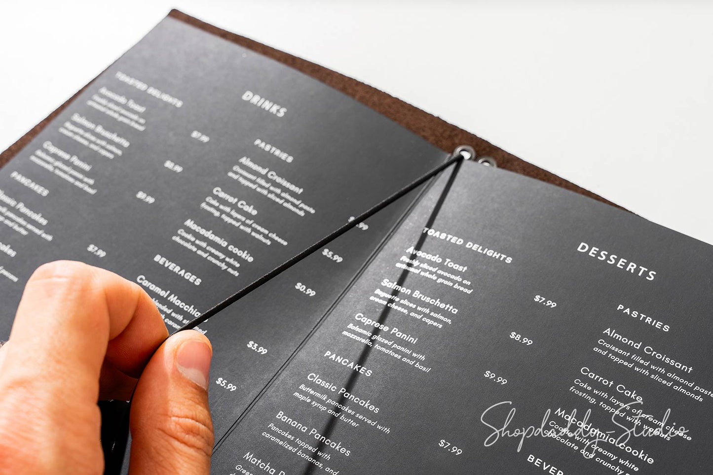 Elegant Chocolate Leather Menu Folder with Two Elastic Bands  