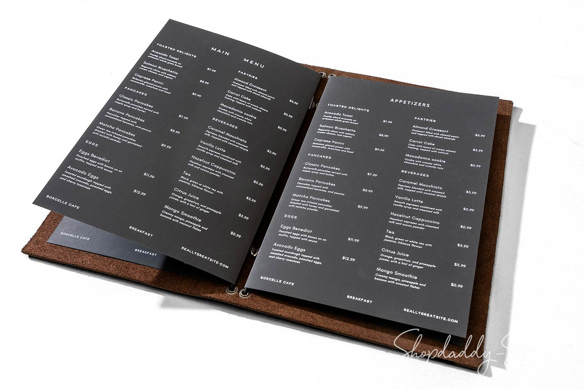 Elegant Chocolate Leather Menu Folder with Two Elastic Bands in details