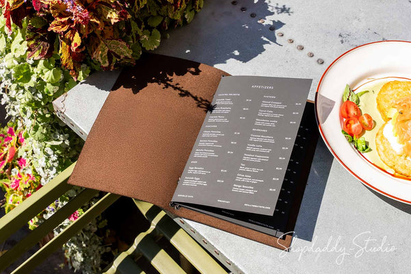 Elegant Chocolate Leather Menu Folder with Two Elastic Bands  with logo
