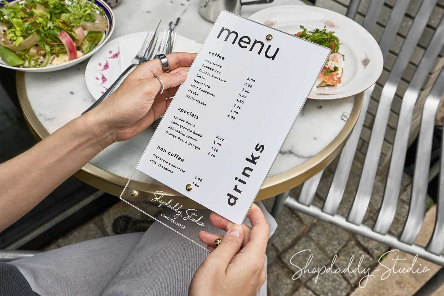 Elegant Clear Acrylic Menu Holder with Brass Bolts