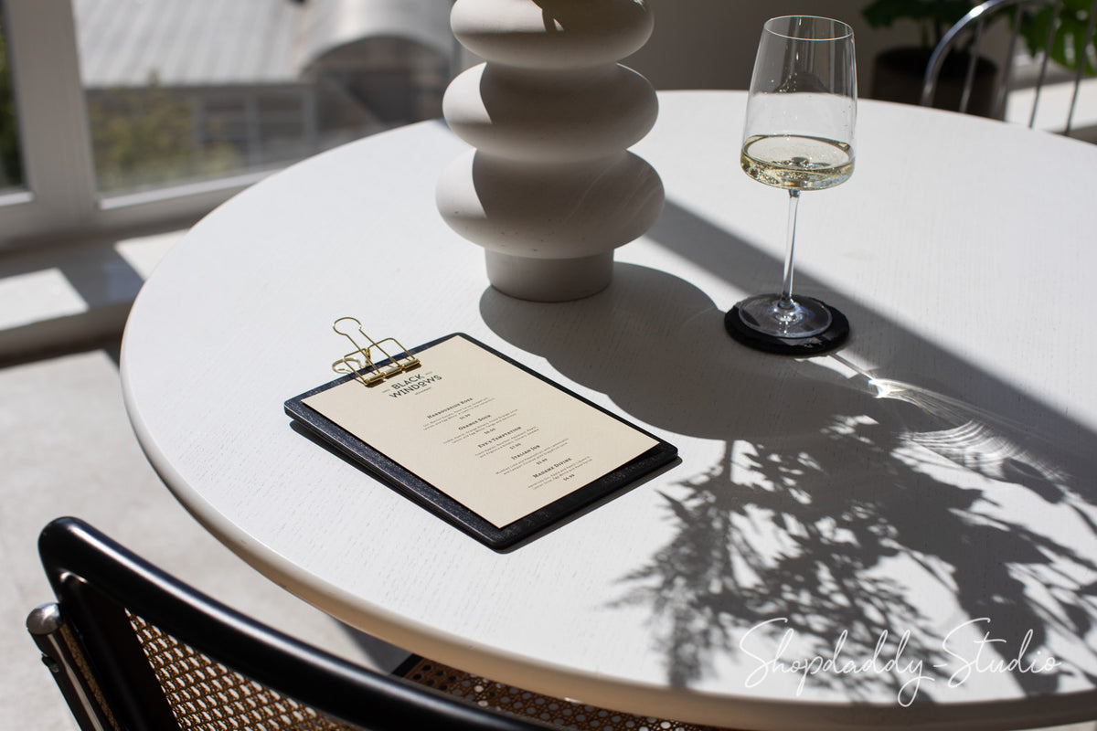 restaurant Black Menu Holder with Golden Binder with logo