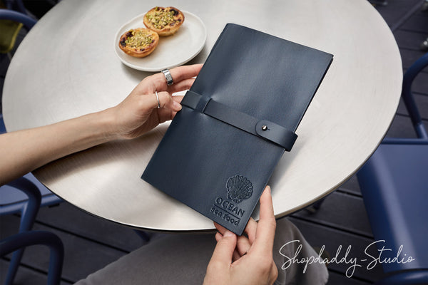 Elegant Dark Blue Thick Leather Menu Cover with Leather Belt