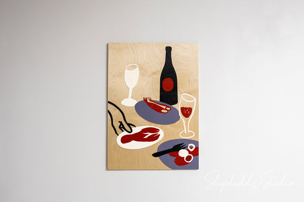 Elegant Fine Dining Moment — UV-Printed Wooden Wall Artwork for Cafe