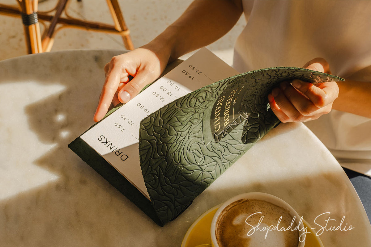 Elegant Green Leather Menu Cover with Leaf Pattern for Cafe