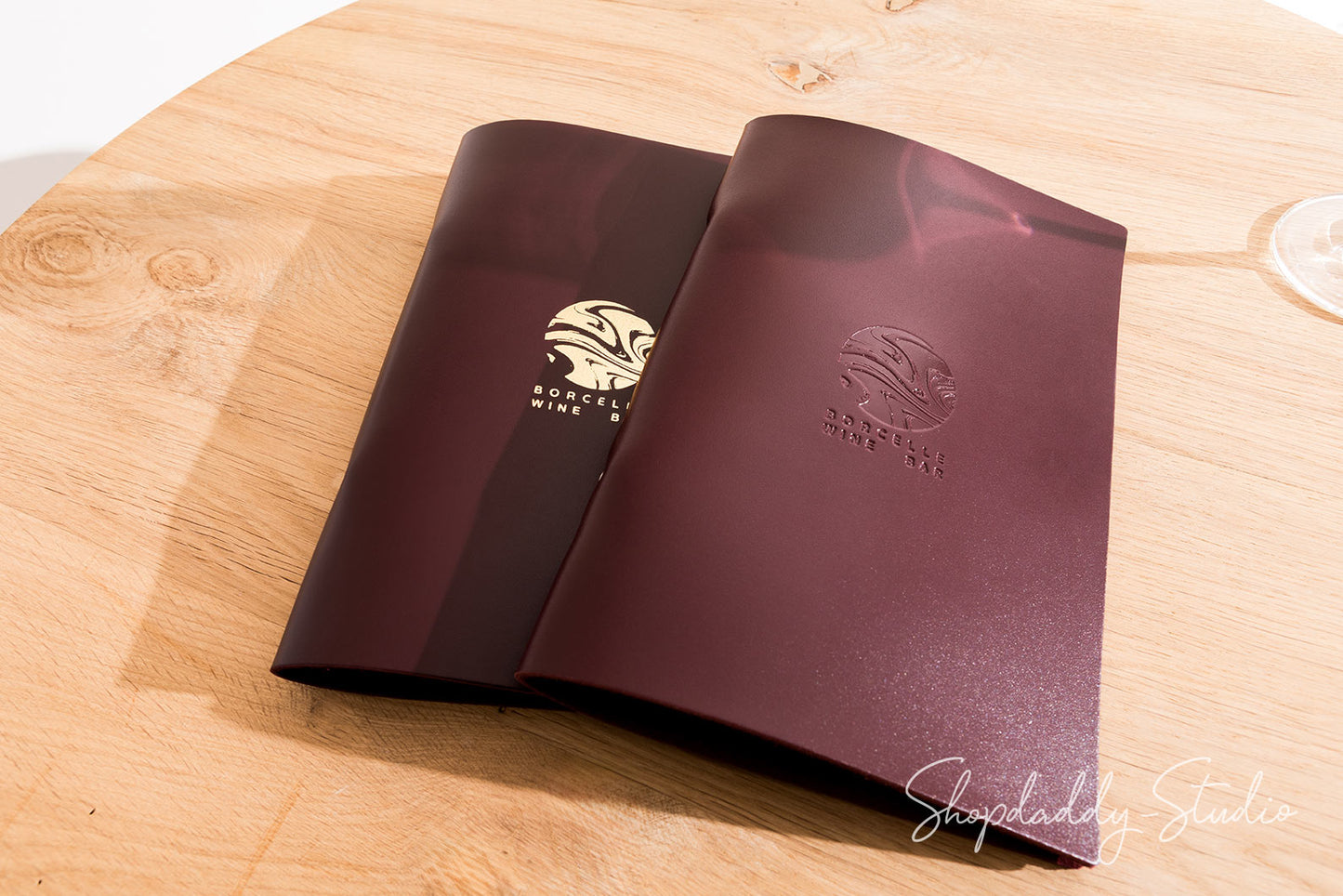 Elegant Leather binderview menu cover for restaurant with logo