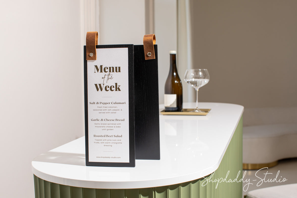 Elegant Menu Board with Leather Loop and logo