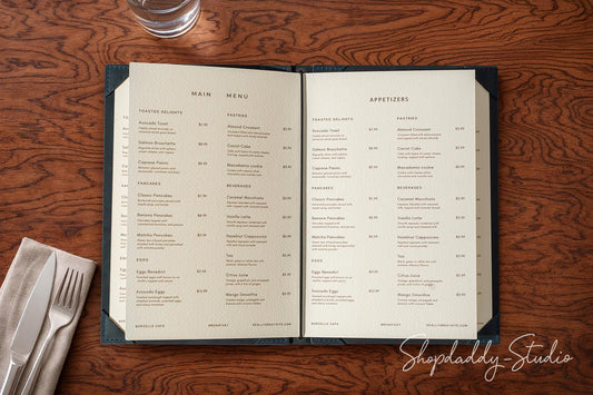Elegant Navy Blue Double Leather Menu Cover with Corners