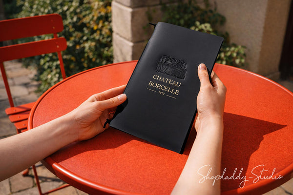 A person holds a black notebook with gold foil embossed lettering reading 'CHATEAU BORCELLE 1913' on a round red outdoor table, with a red chair and greenery in the background.