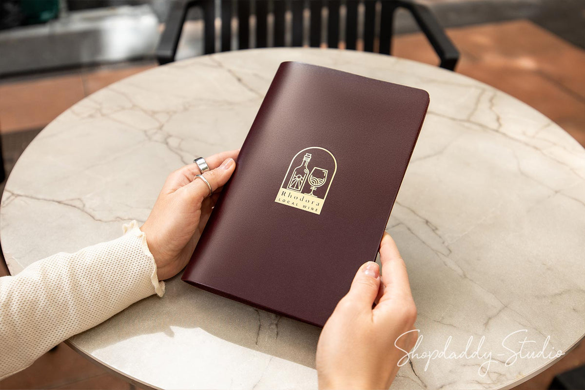 Elegant Purple Thick Leather Menu Cover with Brass Plank