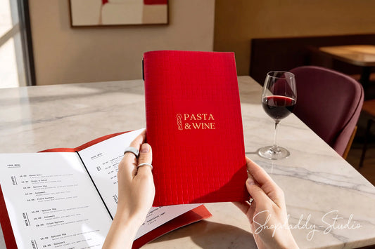 Elegant Red Leather Menu Book with Woven Pattern