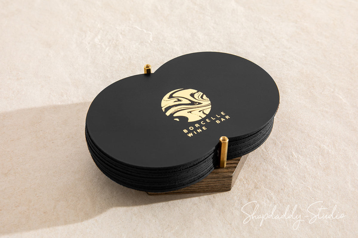 Elegant Two Glass Coaster Set on Wooden Holder for bars
