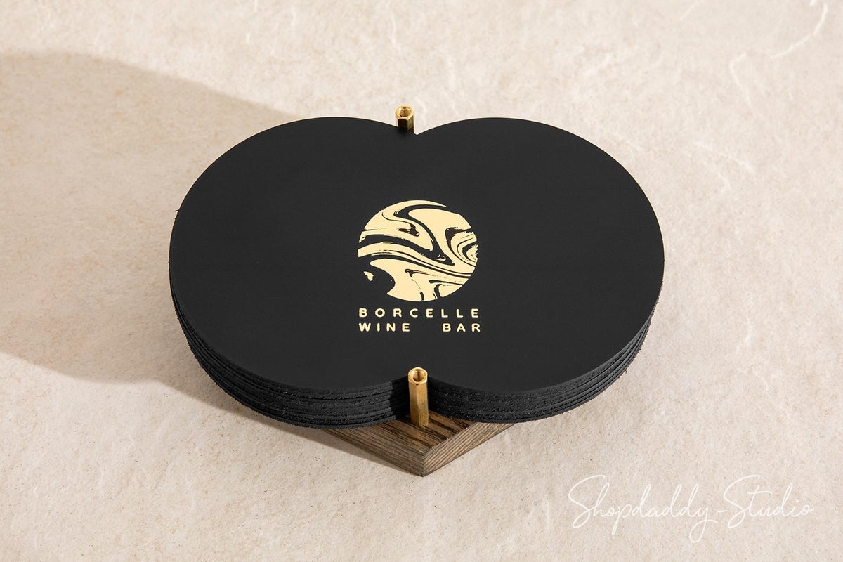 Elegant Two Glass Coaster Set on Wooden Holder for drinks