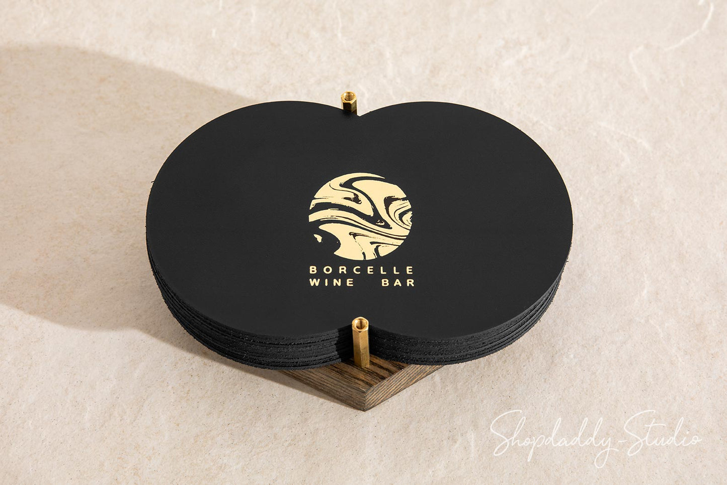 Elegant Two Glass Coaster Set on Wooden Holder for drinks