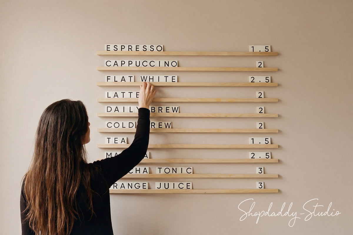 Elegant Wall Menu Board With Wooden Rails & Changeable Letters
