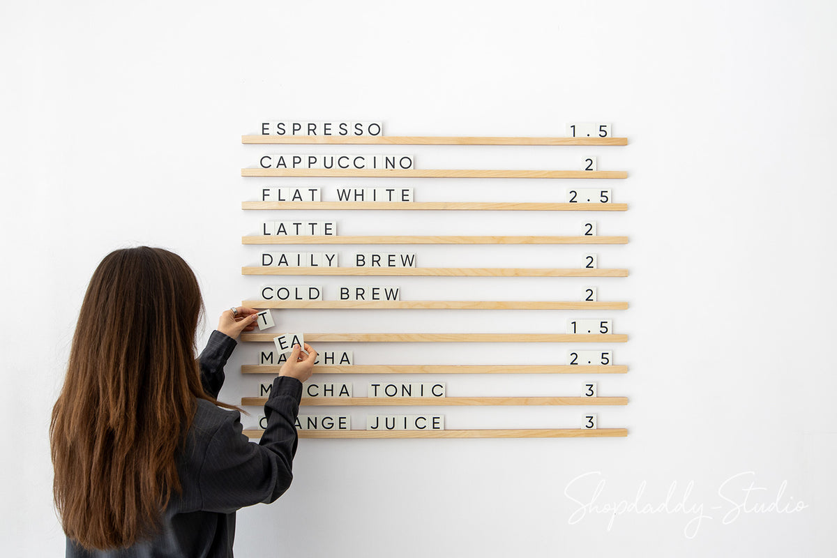 Elegant Wall Menu Board With Wooden Rails & Changeable Letters for Menu Display