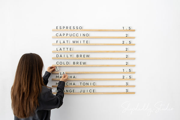 Elegant Wall Menu Board With Wooden Rails & Changeable Letters for Menu Display