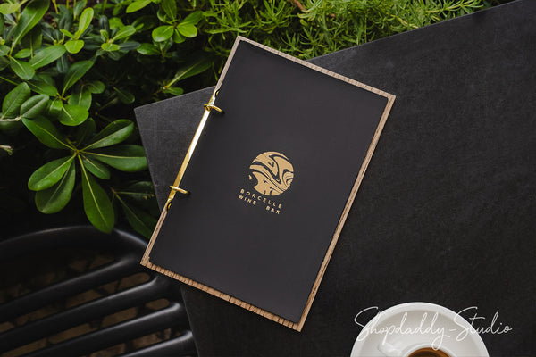 Elegant Walnut Menu Holder with Black Leather Cover and Rings Mechanism