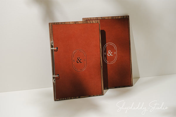 Elegant Walnut Menu Holder with Leather Cover and Rings Mechanism 