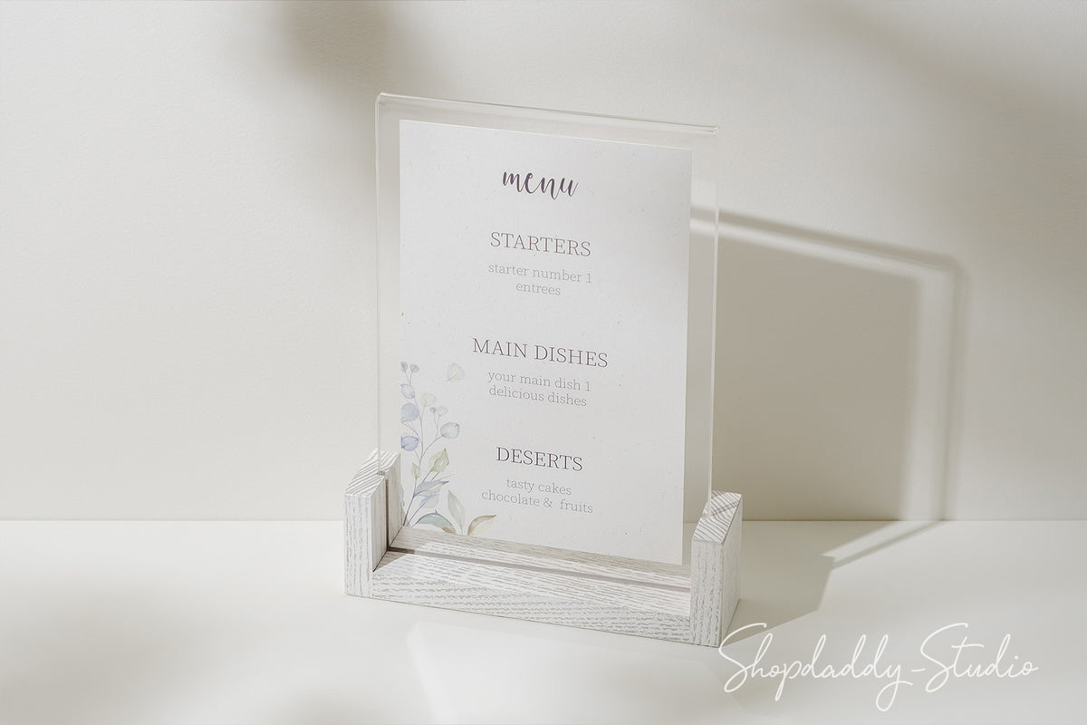 Elegant White Wooden/Acrylic Table Top Menu Stand 