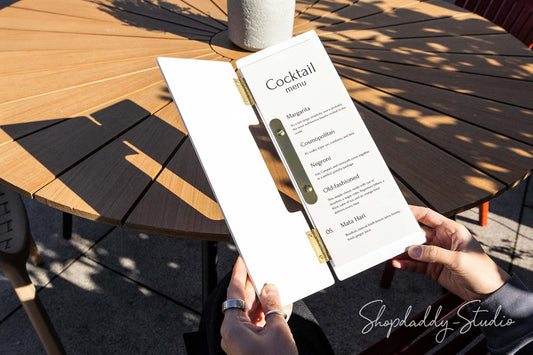 Elegant White Wooden Album / Menu Holder with Brass Plank 