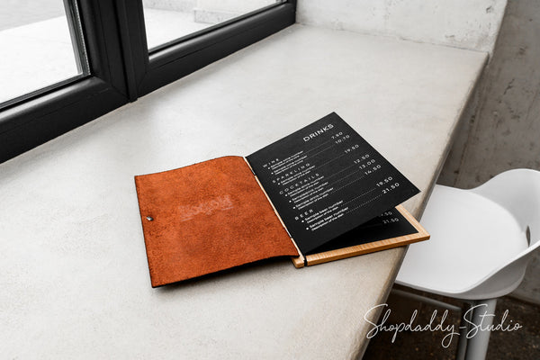 Elegant Wood Menu Holder With Leather Cover