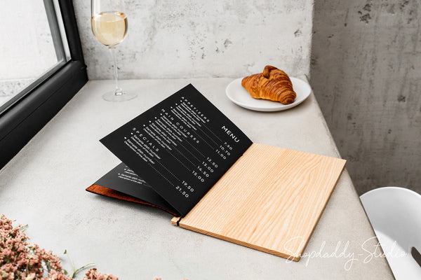 Elegant Wood Menu Holder With Leather Cover and logo