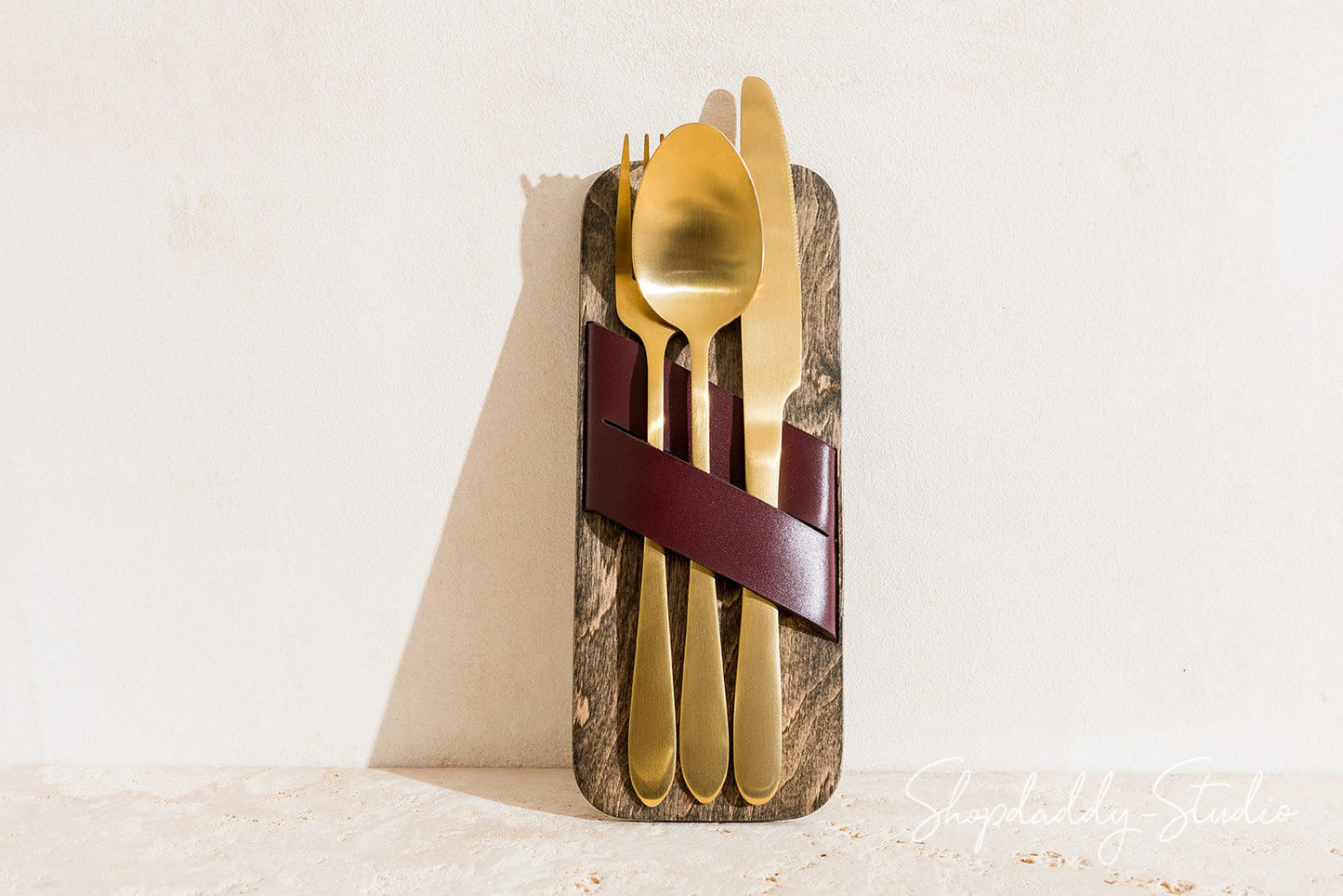 Elegant Wooden Cutlery Holder With Leather Strap