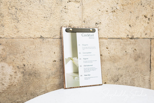 Elegant Wooden Menu Holder With Rounded Leather Plank